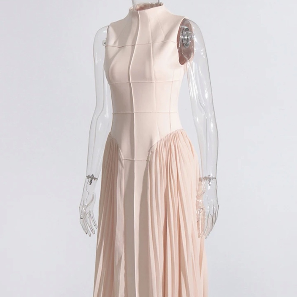 Elegant designer nude mock neck bodysuit pleated skirt blush dress small - Picture 7 of 13